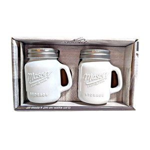 White Glass Mason Jar Salt and Pepper Shakers Metal Lids Set of 2 New in Box